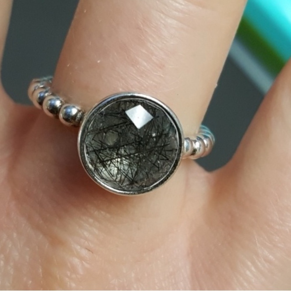 Pandora Dark Enchantment Ring 
Rutile Quartz and Sterling silver beaded ring